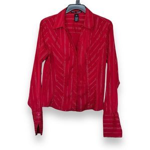 BCIH Best Chick In Heels Red Shimmer Stripe Long Sleeve Button Up Blouse Sz L